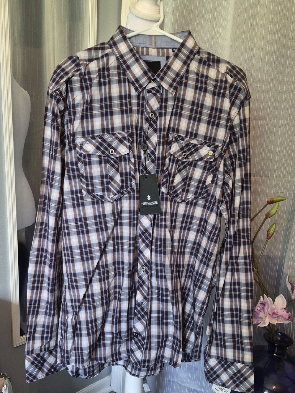 7 Diamonds Men's Plaid Button-Down Shirt - Brown, White & Gray